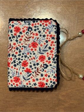 Handmade Floral Fabric Covered Journal Red & Navy Flowers 4.76x3.5 60 pages